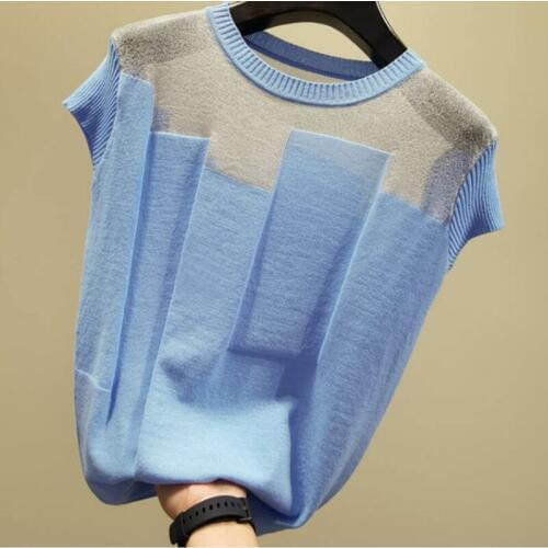 Korean Patchwork Ice Silk Knitted T shirt Women 2020 Summer Fashion O-neck Short Sleeve Pullover Thin Sweaters Ladies Tops Z497