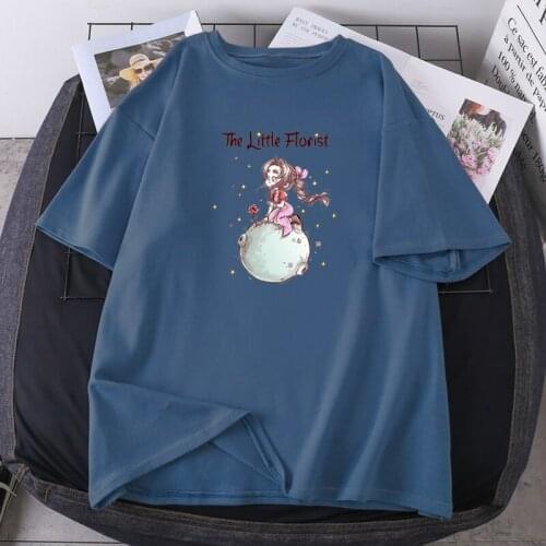 Woman T-shirts The Little Florist Summer Oversize Tops Tees Short Sleeve O-neck Lady Clothing Hip Hop Round Neck New Camisetas