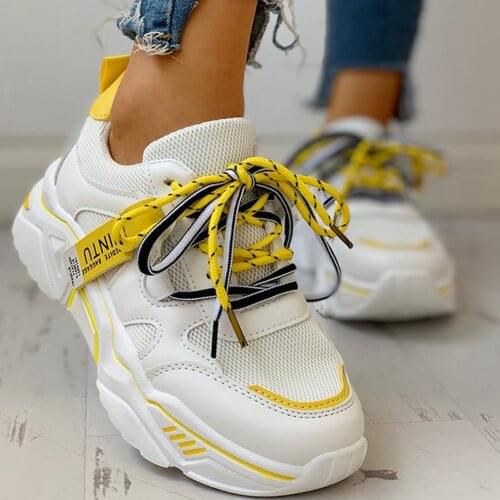 2021 Summer Breathable Mesh Lace Up Flats Sneakers For Women Chunky Heel Comfortable Shoes Casual Running Gym Fashion Sale