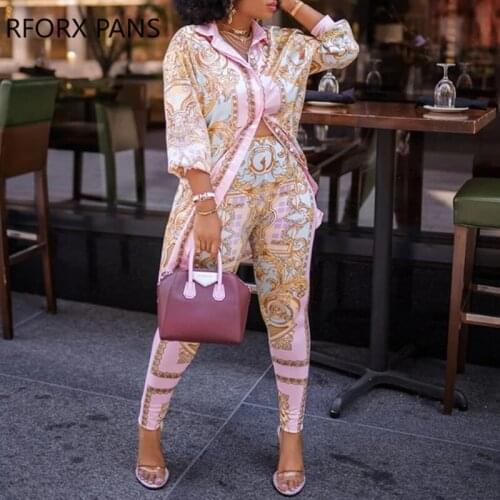 Women Casual Vintage Lantern Sleeve button Spring Long Baggy top Skinny pants sets