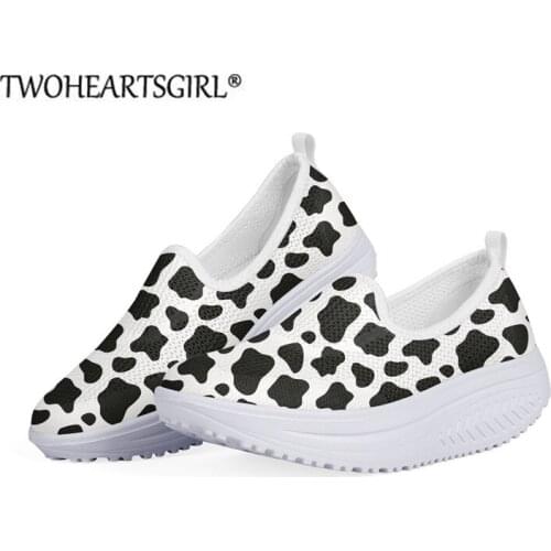 Twoheartsgirl Woman Breathable Air Mesh Swing Shoes Black and White Cow Pattern Platform Women Shoes Casual Slip On Loafers