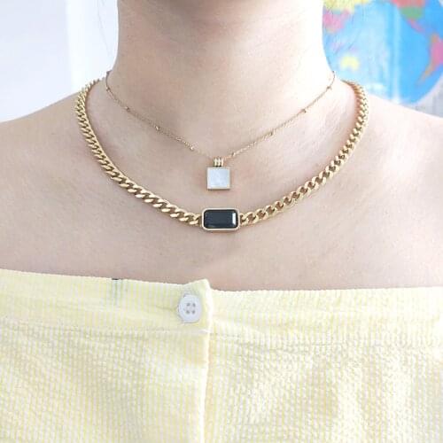 Black Faceted Crystal Pendant Short Necklace For Women Punk Stainless Steel Cuban Chain Choker cadenas para hombre Gothic 2021