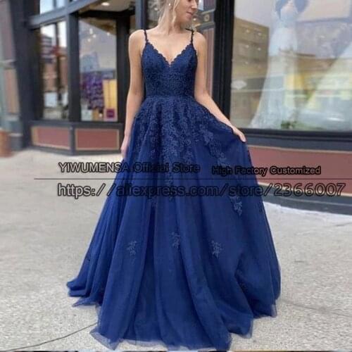 Robes De Soirée Navy Blue Spaghetti Straps V Neck A Line Prom Dress Plus Size Lace-Up Back Design Formal Party Evening Gowns
