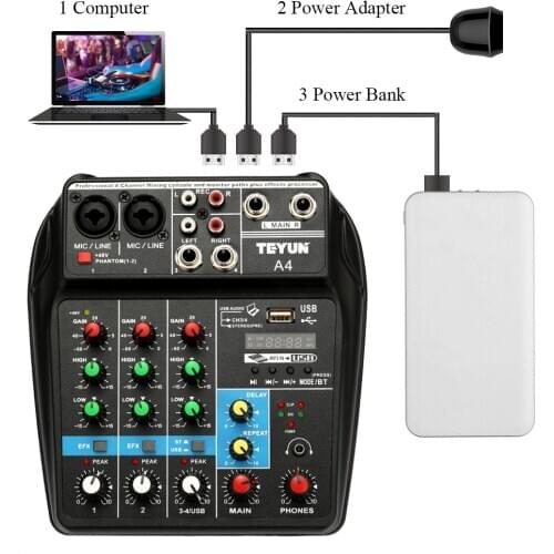 TU04 BT Sound Mixing Console Record 48V Phantom Power Monitor AUX Paths Plus Effects 4 Channels Audio Mixer with USB