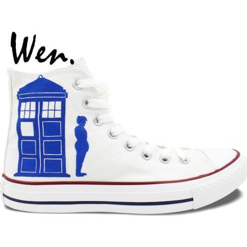 Wen Hand Painted Sheos Design Custom White Sneakers Doctor Who Keep Calm And Don't Blink Men Womens High Top Canvas Sneakers