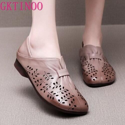 GKTINOO Hollow Genuine Leather Shoes Woman Flat with Sandals Cover Heel Ballet Flats Ladies Breathable Shoes Female Plus Size