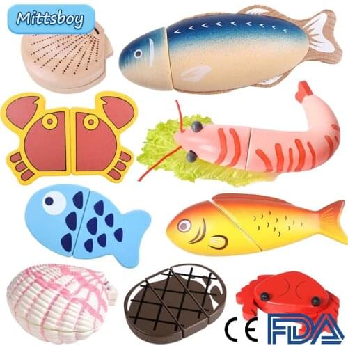 Montessori Simulation Woodens Magnetic Cutting Seafood Lobsters Crab Game Kitchen Model Early Educational Toys for Children Gift