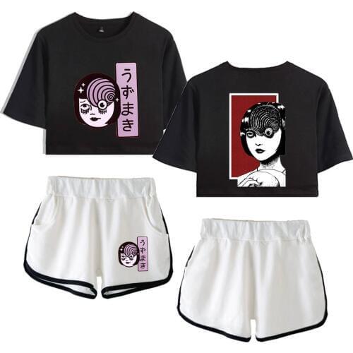 Junji ito Two Piece Set tshirt for Women Streetwear Tee Shirt + Shorts Pop Fashion Anime Warm Soft Suit Hip Hop Sets