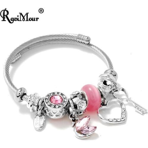 Crystal Swan Stainless Steel Bangles For Women Fashion Jewelry DIY Rhinestone Hollow Key Heart Love Cuff Bracelet Bangle Gifts