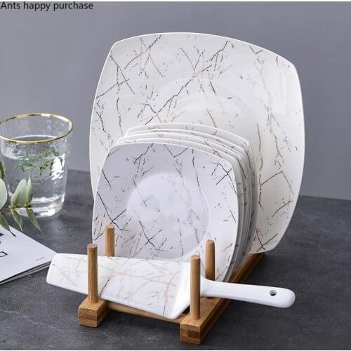 Ceramic Plate Set with Wooden Stand Dinner Plate Nine-piece Set Afternoon Tea Snack Cake Pan Restaurant Buffet Plate Tableware