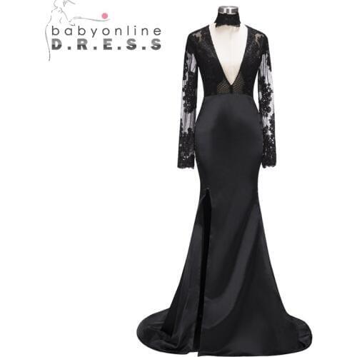Charming Black Long Sleeve Deep V Neck Mermaid Evening Dress Sexy Appliques Evening Gown with High Slit vestido de festa