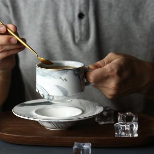 Chic Nordic Marble Ceramic Mugs Coffee Cup Saucer Sets Pink Gray Color Morning Milk Tea Drink Porcelain Mugs With Spoon Dish Set