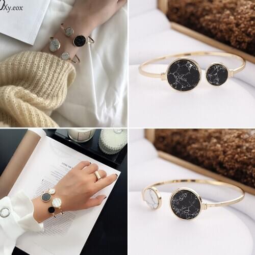 Stylish Open Double Round Marble Turquoise Stone Cuff Bracelet Bangle Gift