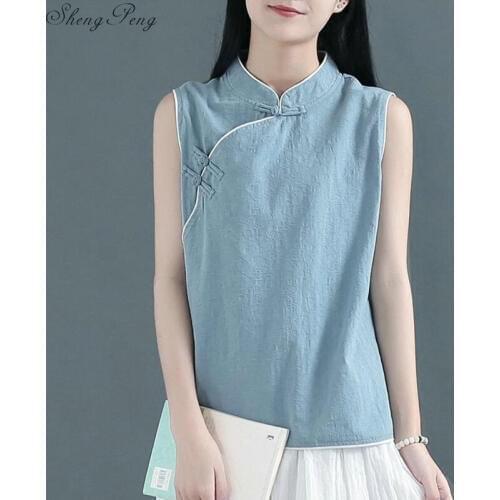 Ladies tank tops tanktop woman linen shirt women Chinese style sleeveless linen clothing elegant round neck tops Q165