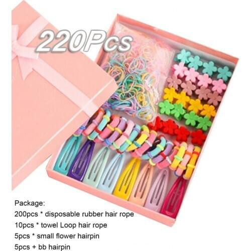 220Pcs Kids Girls Candy Color Hairpin Clip Rope Ponytail Hair Band Hairstyle Headwear Gift Kids Hair Accessories