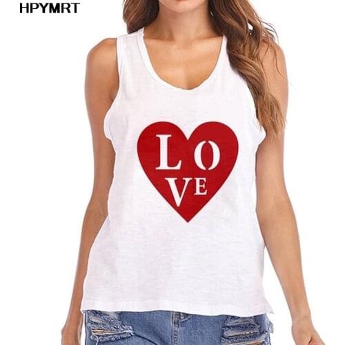 Red Love Print Camisole Tank Tops Women Crop Top Shirts Female Casual Loose O-Neck Summer White Sleeveless Sexy Ladies Clothing