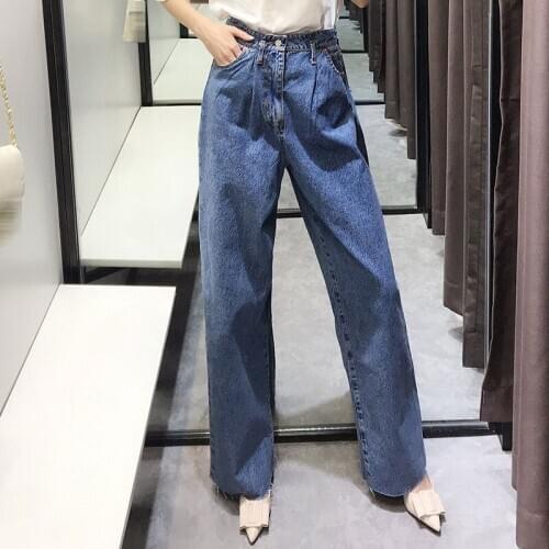 Fashion women blue pleated wide leg jeans high waist pockets denim trousers female casual long pants pantalones