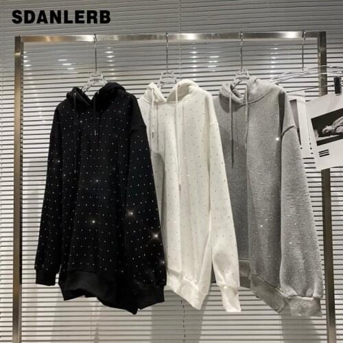 2021 Spring Autumn New Female Hoody Sweatshirt Starry Rhinestone Shiny Loose Pullover Hooded Hoodie for Women Casual Clothes
