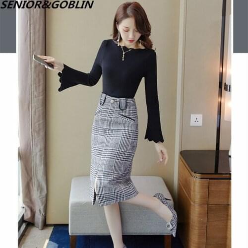 2020 Spring Women Sexy Slash Neck Slim Knit Top Long Sleeves Pullover Sweater and Plaid Pencil skirt 2 Piece Set Outfit Apparel