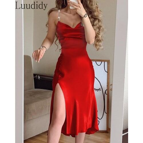 Women Shiny Studded Strap High Slit Mid Dress Vestidos