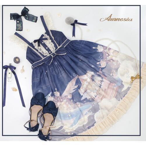 Dream Of Whale Island Sweet Womens Lolita OP Dress JSK Dress Long Sleeve Sleeveless Cute Bows Trim Princess Dress One Piece