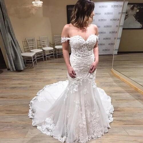 Vintage Mermaid Wedding Dress Lace Appliqued Off The Shoulder Sweep Train Boho Tulle Bridal Gowns Plus Size Vestidos