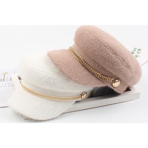 01910-ju2019100019 autumn winter Imitated mink hair Metal fishbone chain octagonal hat men women leisure beret cap