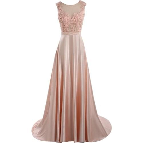 2020 Elegant Blush Pink Prom Dresses Appliques Pearls Illusion ;ace Satin Long Formal Evening Party Dress For Women