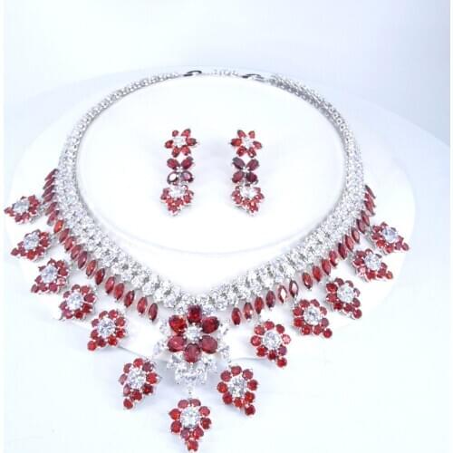 2021 new fashion luxury retro Dubai style red flowers zircon necklace earring set,wedding bride dinner party formal jewelry set