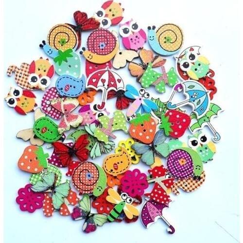 50pcs/100pcs Wooden 2 Hole Buttons for DIY Baby Children Clothing Decor Scrapbooking Crafts Sewing Accessories Buttons Animal