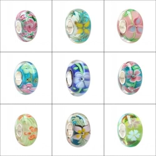 925 Sterling Silver Large Hole 3D Colorful Flowers Murano Glass Charm Beads Fit European Bracelet Jewelry