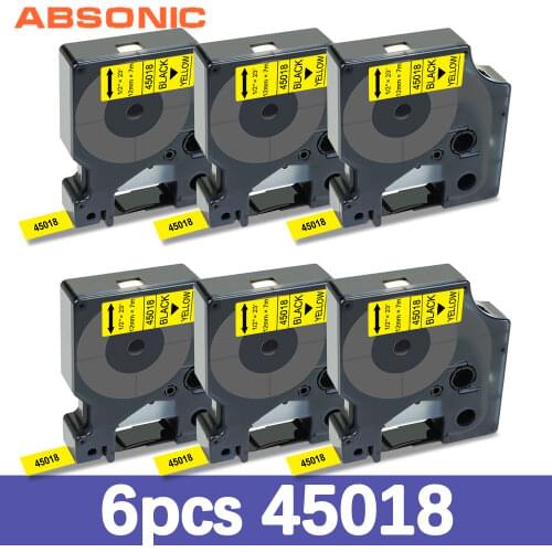 Absonic 6PK 12mm Tape 45018 for DYMO D1 Tape 45018 Black on Yellow Label Tape for DYMO Printer LabelManager 160 280 Label Maker