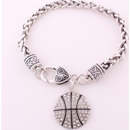 Antique sliver plated studded with sparkling crystal BASKETBALL sporty charm Bracelet link chain