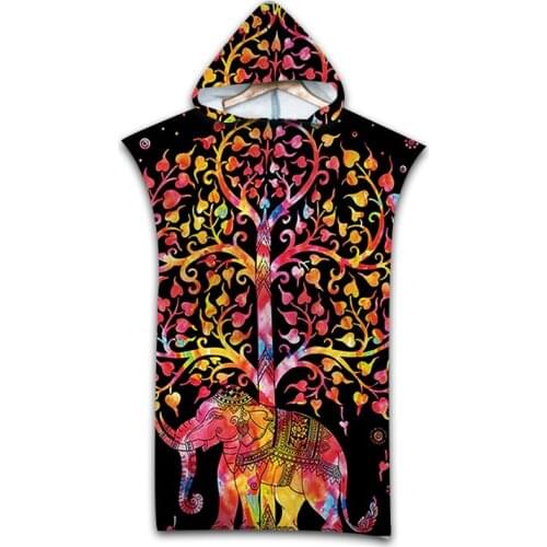 Retro Printed Elephant Bath Beach Towel Microfiber Hooded Robe Towel Poncho for Swimming Beach Surf Bathrobe Beachwear