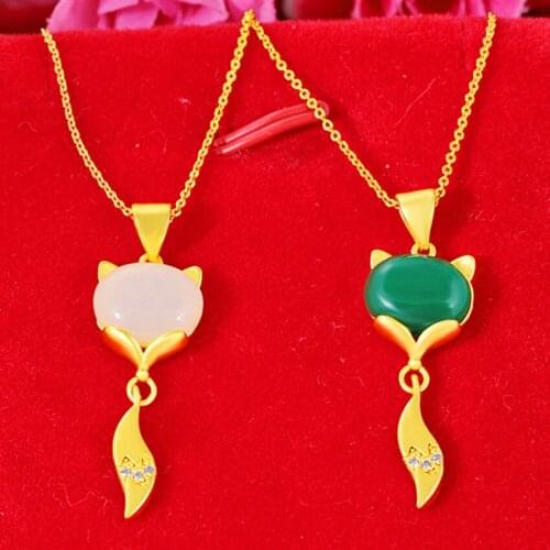 FYSL Light Yellow Gold Color Lovely Fox Green and White Agates Pendant Link Chain Necklace Animal Jewelry