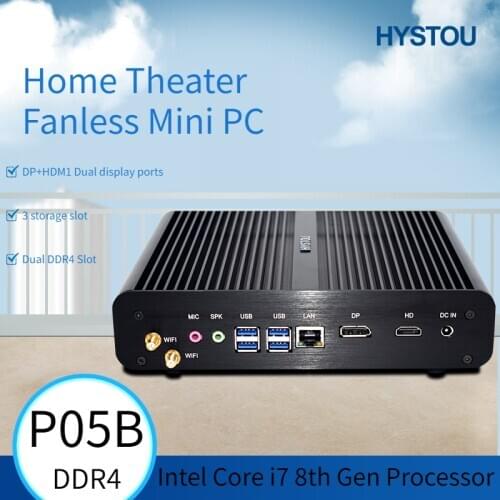 HYSTOU Fanless Mini PC 8th Gen i7 8565U Quad Core 2*DDR4 M.2 Mini Computer Windows 10 Pro DP HDMI HTPC Nettop Desktop Computer