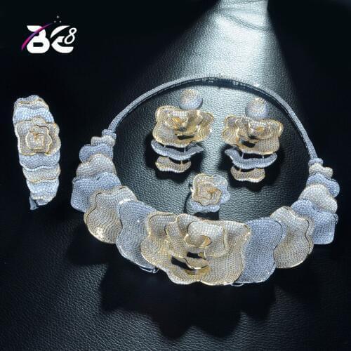 Be 8 Luxury Flower Leaf Luxury Women Nigerian Wedding Naija Bride Cubic Zirconia Necklace Dubai 4PCS Dress Jewelry Set S325