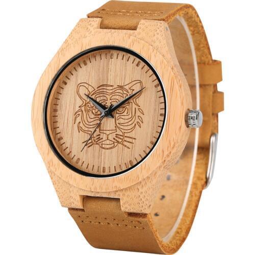 Engraving Tiger Face Round Dial Bamboo Wood Men Watch Genuine Leather Wristwatch Stylish Casual Mens Wooden Watches New 2019