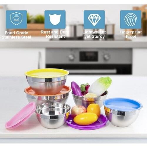 HGHO 5Pcs Mixing Salad Bowl with Lids Set Stainless Steel Salad Bowl with Silicone Bottom Serving Prepping Food Storage