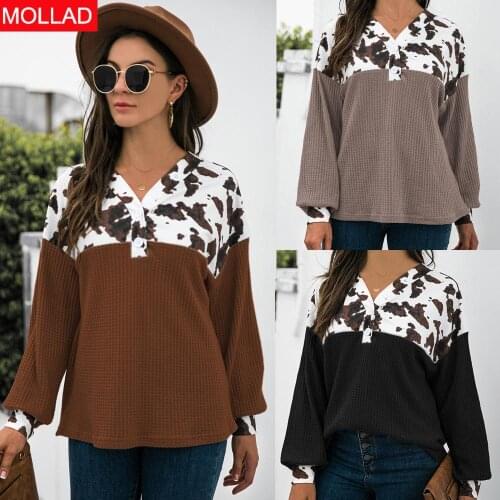 2021 Autumn and Winter New Hot Sale Leopard Splicing Button Long-Sleeved Top