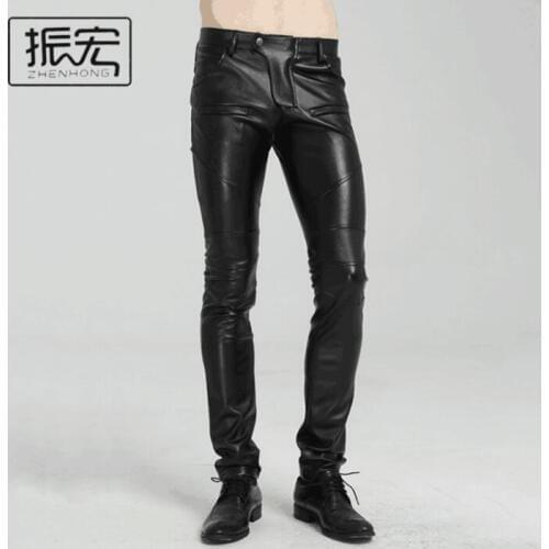 Autumn thin faux leather pants mens feet pants fashion black motorcycle pu trousers for men personality pantalon homme