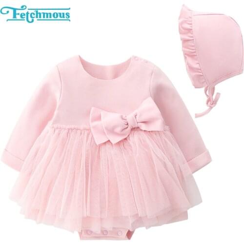 Baby Girl Dress+Hat Long Sleeve Cotton Bow Baby Girl Clothes Patchwork 0-12M Newborn Mesh Pink Yellow Autumn Winter