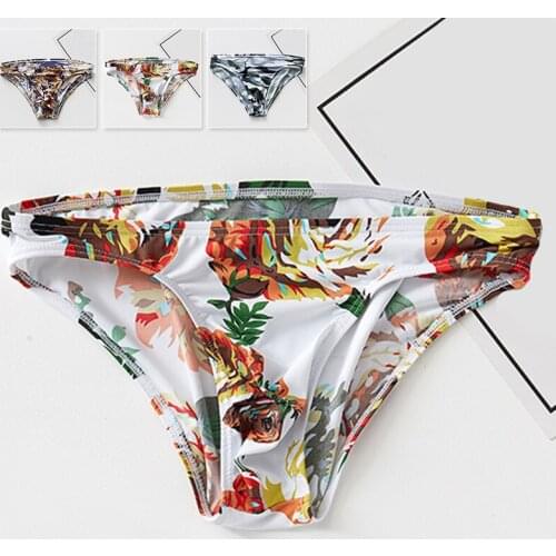 Mens Sexy Low Waist Print Breathable Smooth Elastic Ice Silk Y-Front Briefs Personalized Shorts Underwear