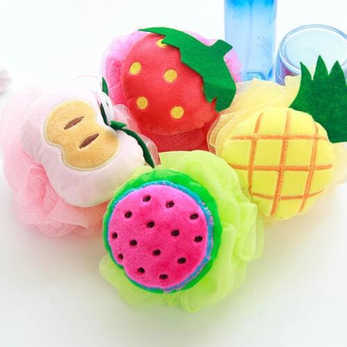 Cute Soft Fruit Shape Bath Ball Body Scrubber Shower Sponge Mesh Shower Ball for Kids Bath Flower with Hanging Rope