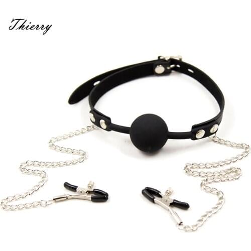 Thierry Silicone Ball Gag Mouth Plug Bondage Slave With Metal Nipple Clamps,Fetish oral Sex Products Toys For Women Adult Games