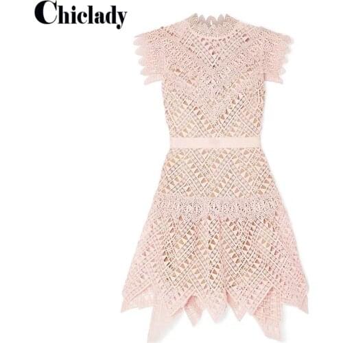 CHICLADY vitage pink lace hollow out elegant lady dresses for women asymmetrical high wiast celelbrity party bithday dresses za