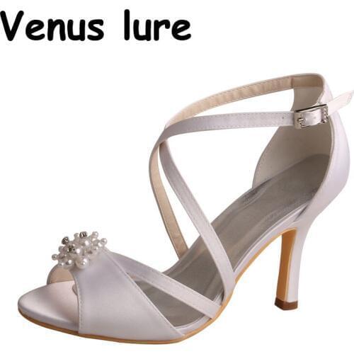 High Heel Vintage Shoes for Wedding Sandals White Pearl Strappy Shoes Ankle Strap