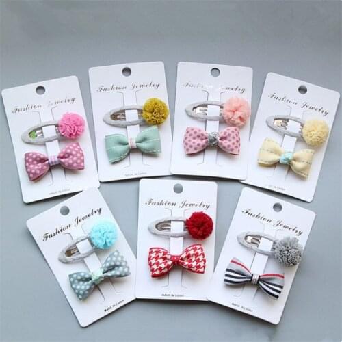 5set/lot Cute Bow Dot Plaid Striped Hair Clip With Pompom BB Clip Hairpins Kids Girls Hair Accessories Handmade Barrettes