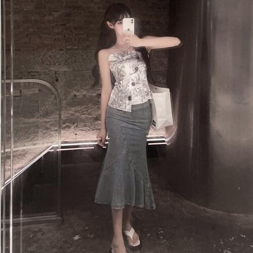 Denim Skirt Female Summer New Korean Style High Waist Slimming Mid-length Fishtail Skirt Bag Hip Skirt