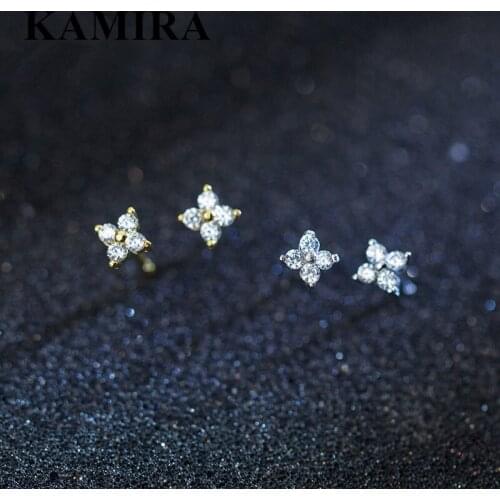 KAMIRA Real 925 Sterling Silver Fashion Small Four Petal Flower Shiny Zircon Stud Earrings for Women Party Elegant Sweet Jewelry